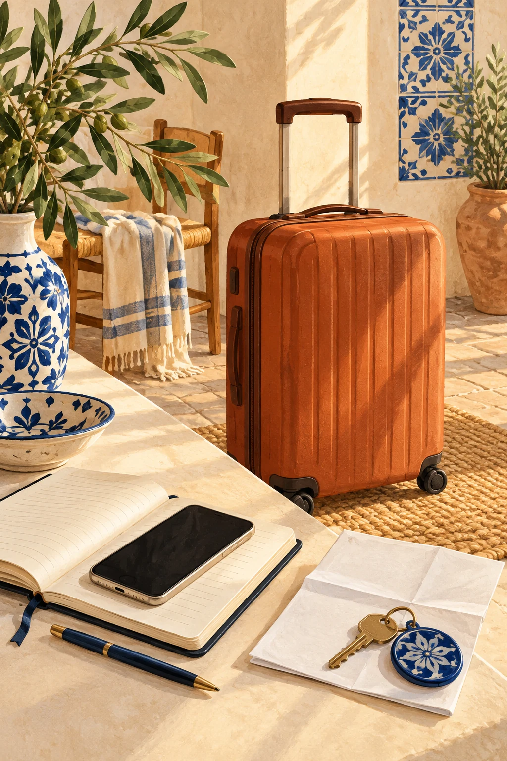 Illustrated suitcase beside a phone, notebook and key for planning a Lisbon arrival