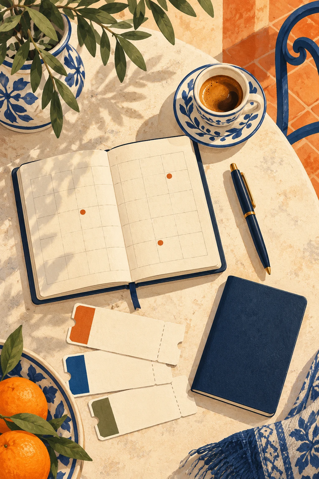 Illustrated planner with blank booking tickets, passport cover and coffee