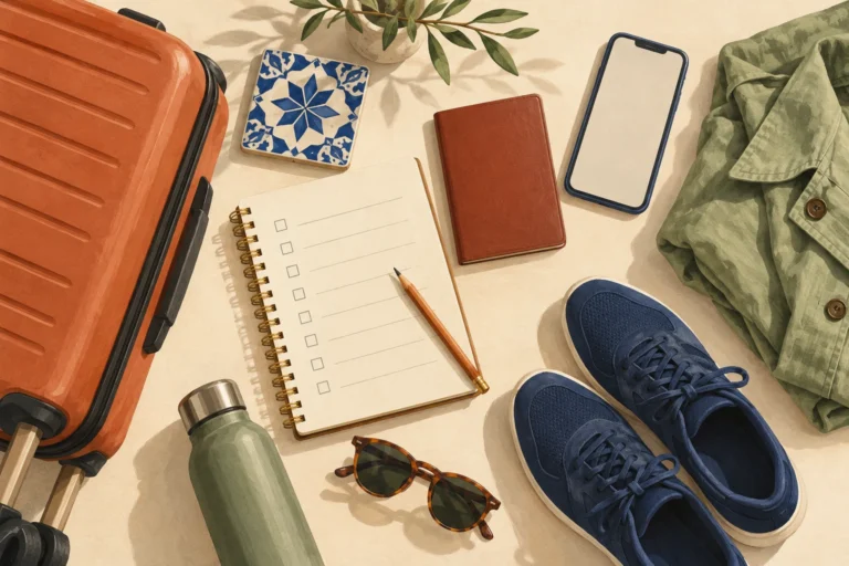 Editorial illustration of a suitcase, checklist notebook and comfortable shoes for trip planning