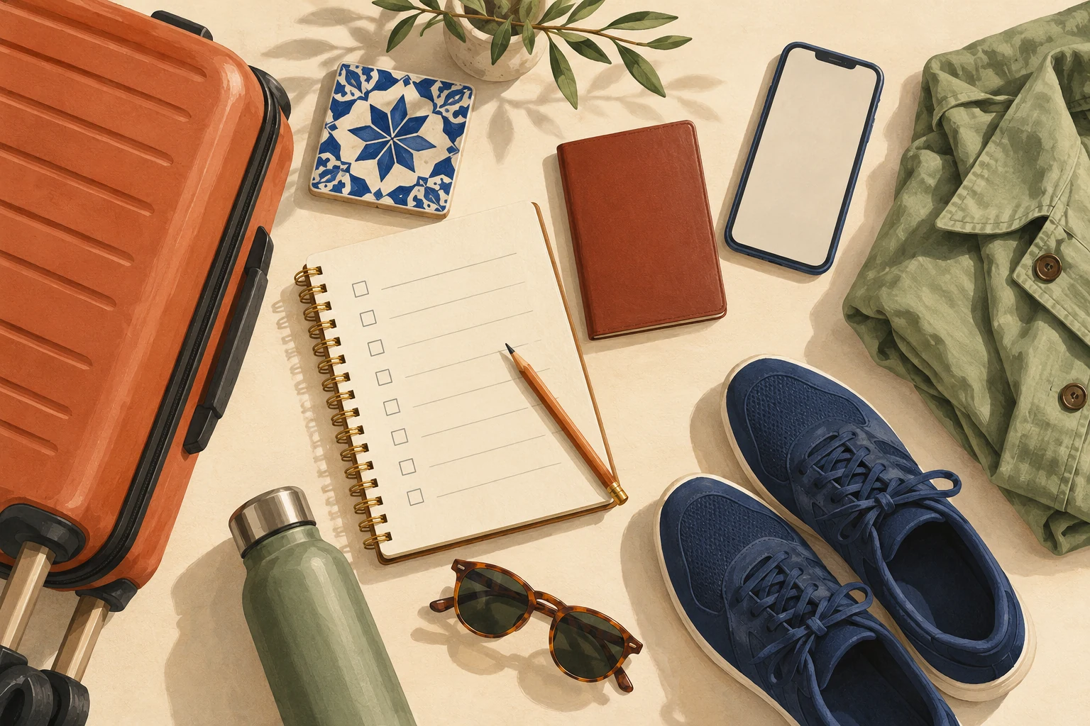 Editorial illustration of a suitcase, checklist notebook and comfortable shoes for trip planning