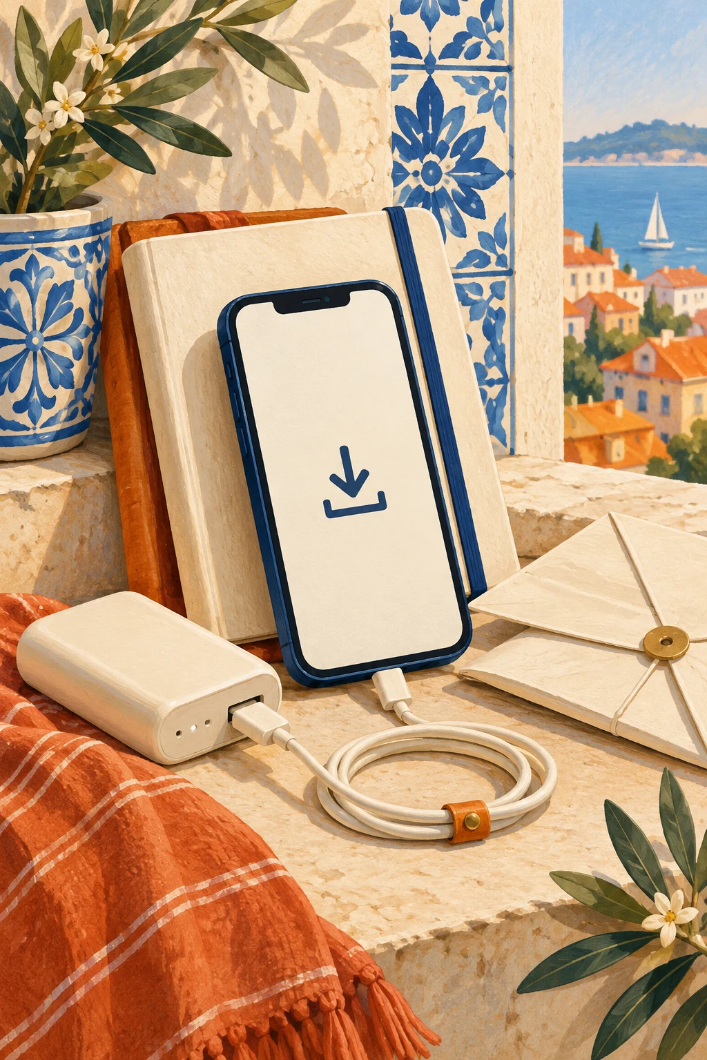 Illustrated phone with a download symbol, charger and envelope for offline travel records