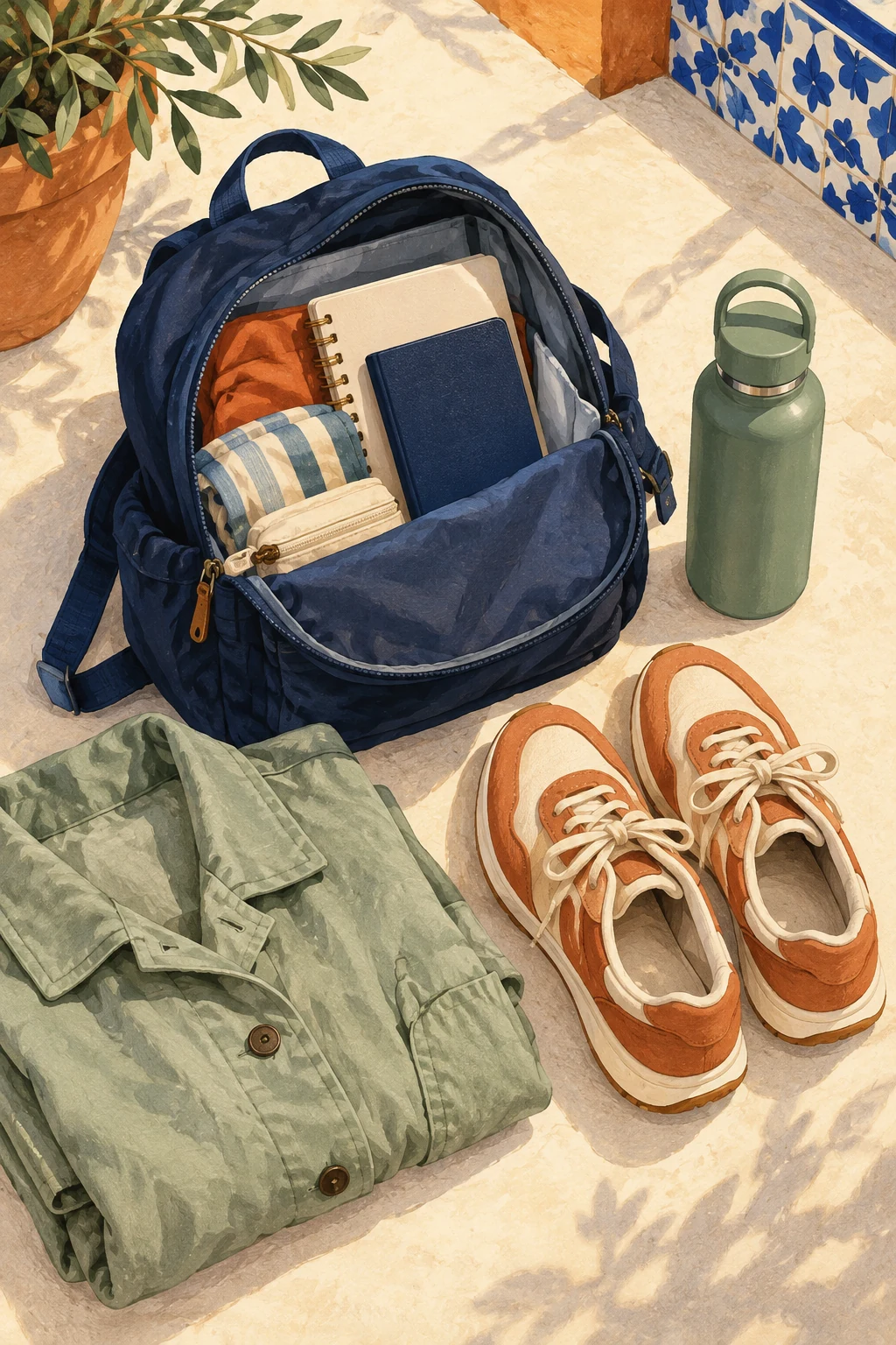 Illustrated daypack, walking shoes, water bottle and jacket for an arrival bag
